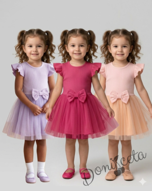 Ежедневна детска рокля с къс ръкав в лилаво с къдрички и тюл в долната част Оливия