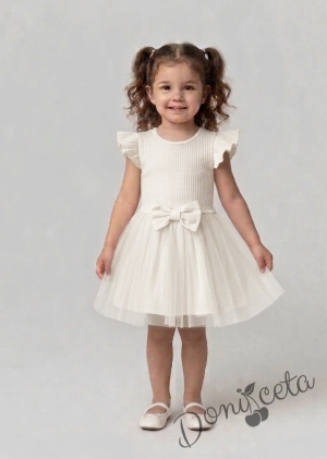 Ежедневна детска рокля с къс ръкав в екрю с къдрички и тюл в долната част Оливия