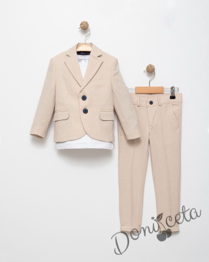 Спортно-елегантен комплект за момче от 3 части-тениска с къс ръкав в бяло със сако в бежово и панталон в бежово  от колекция Бежина 1