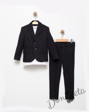 Спортно-елегантен комплект за момче от 3 части-тениска с къс ръкав в бяло със сако в черно и панталон в черно 1