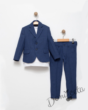 Спортно-елегантен комплект за момче от 3 части-тениска с къс ръкав в бяло със сако в тъмносиньо и панталон в  тъмносиньо 1