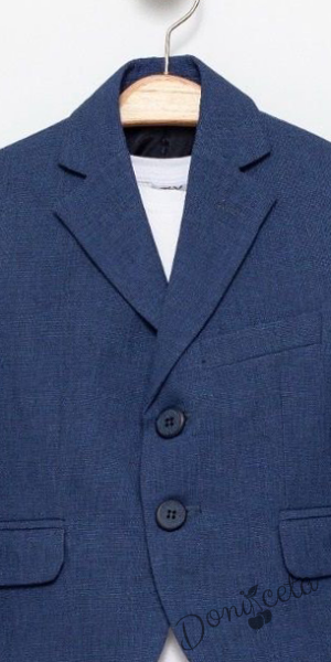 Спортно-елегантен комплект за момче от 3 части-тениска с къс ръкав в бяло със сако в тъмносиньо и панталон в  тъмносиньо 3