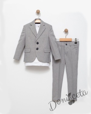 Спортно-елегантен комплект за момче от 3 части-тениска с къс ръкав в бяло със сако в сиво и панталон в сиво 4