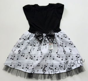 Детска рокля с къс ръкав в черно с бяла долна част с ноти в черно и тюл в черно