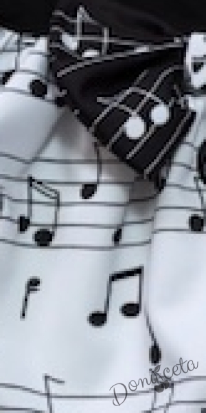 Детска рокля с къс ръкав в черно с бяла долна част с ноти в черно и тюл в черно