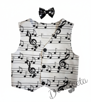 Комплект за момче от 3 части- панталон в черно, риза в бяло с къс ръкав  и елек с папийонка с ноти в бяло