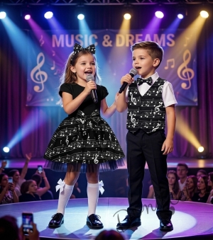 Комплект от 3 части- панталон в черно, риза в бяло с къс ръкав  и елек в черно с папийонка с ноти