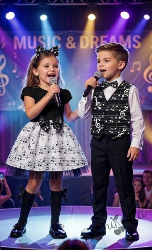 Комплект момче от 3 части- панталон в черно, риза в бяло с дълъг ръкав  и елек в черно с папийонка с ноти