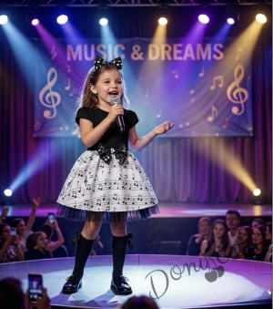 Комплект от 2 части-детска официална рокля с къс ръкав в черно с бяла долна част с ноти с тюл в черно и диадема