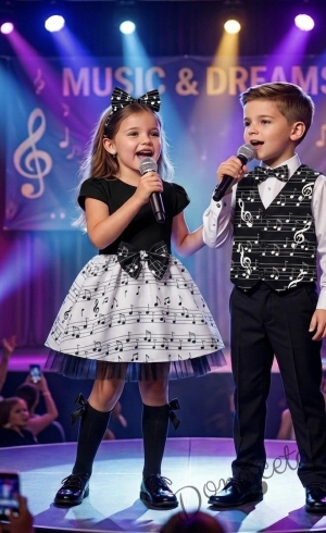 Комплект от 2 части-детска официална рокля с къс ръкав в черно с бяла долна част с ноти с тюл в черно и диадема