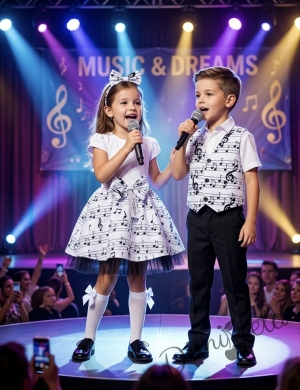 Комплект от 2 части-детска официална рокля с къс ръкав в бяло с бяла долна част с ноти с тюл в черно и диадема