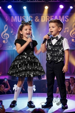 Детска рокля с къс ръкав в черно с къдрички на ръкавите и ноти и тюл в долната част