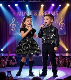 Детска рокля с къс ръкав в черно с къдрички на ръкавите и ноти и тюл в долната част