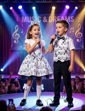 Детска рокля с къс ръкав в бяло с бяла долна част с ноти и тюл в черно