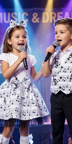 Детска рокля с къс ръкав в бяло с бяла долна част с ноти и тюл в черно