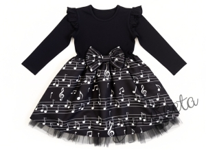Детска официална рокля с дълъг ръкав в черно с къдрички на ръкавите и ноти и тюл в долната част
