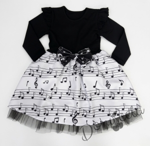 Комплект от 2 части детска рокля с дълъг ръкав в черно и бяло с ноти с тюл в черно в долната част и диадема