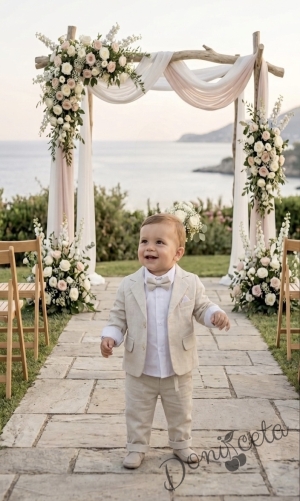 Бебешки летен костюм за момче от 4 части в светлобежово - сако, риза в бяло, панталон и папийонка в екрю