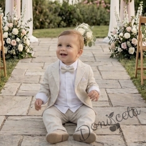 Бебешки летен костюм за момче от 4 части в светлобежово - сако, риза в бяло, панталон и папийонка в екрю