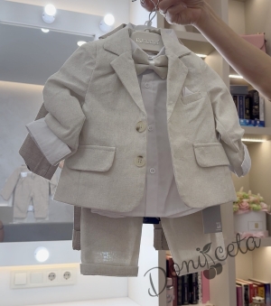 Бебешки летен костюм за момче от 4 части в светлобежово - сако, риза в бяло, панталон и папийонка в екрю