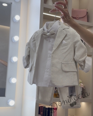 Бебешки летен костюм за момче от 4 части в светлобежово - сако, риза в бяло, панталон и папийонка в екрю