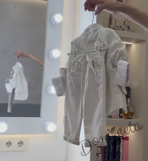 Бебешки летен костюм за момче от 4 части в светлобежово - сако, риза в бяло, панталон и папийонка в екрю