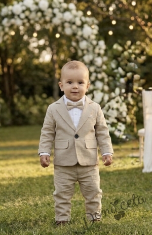 Официален костюм за момче от 4 части - сако, панталон в бежово, риза в бяло и папийонка  от колекция Бежина