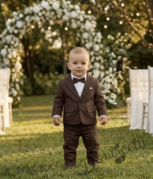 Елегантен официален косюм за момче в кафяво от 4 части - сако, панталон, риза в бяло и папийонка в кафяво