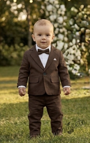 Елегантен официален косюм за момче в кафяво от 4 части - сако, панталон, риза в бяло и папийонка в кафяво