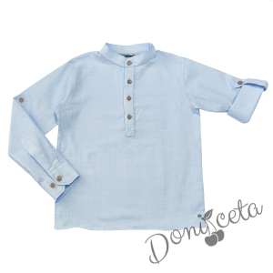 Детски комплект за момче от 2 части-риза с дълъг ръкав в бежово без яка и панталон в бяло