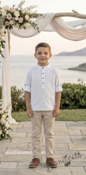 Детски комплект за момче от 2 части-риза с дълъг ръкав в бяло без яка с копчета в бежово и панталон в бежово