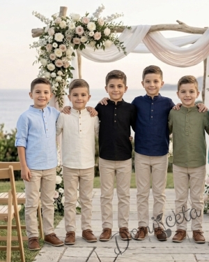 Детски комплект за момче от 2 части-риза с дълъг ръкав в бяло без яка с копчета в бежово и панталон в бежово