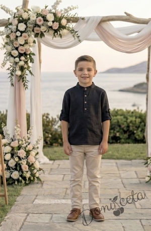 Детски комплект за момче от 2 части-риза с дълъг ръкав в черно  без яка с копчета в бежово и панталон в бежово