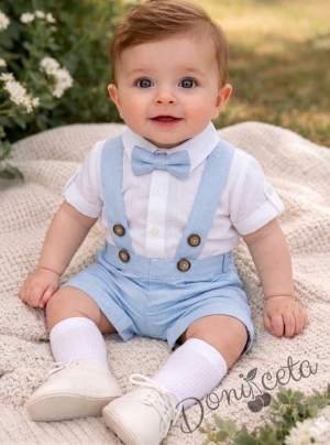 Комплект за бебе момче от 3 части - боди риза в бяло с дълъг ръкав с възможност за навиване ,къси панталони тип гащеризон и папийонка в  светлосин цвят