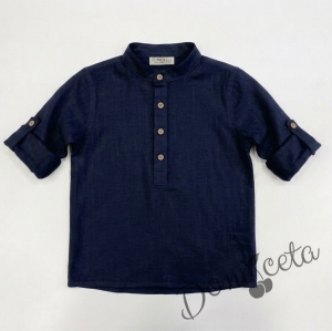 Детски комплект за момче от 2 части-риза с дълъг ръкав в тъмносиньо без яка с копчета в бежово и панталон в бежово