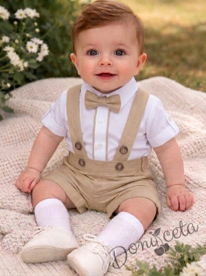 Комплект за бебе момче от 3 части - боди риза в бяло с дълъг ръкав с възможност за навиване ,къси панталони тип гащеризон и папийонка в  бежов цвят