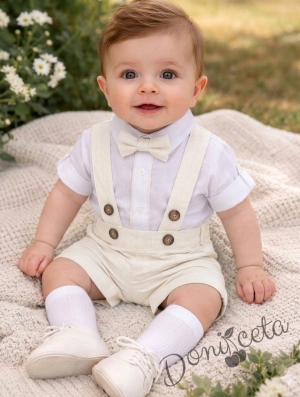 Комплект за бебе момче от 3 части - боди риза в бяло с дълъг ръкав с възможност за навиване ,къси панталони тип гащеризон и папийонка в цвят екрю