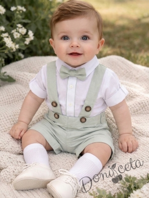 Комплект за бебе момче от 3 части - боди риза в бяло с дълъг ръкав с възможност за навиване ,къси панталони тип гащеризон и папийонка в светлозелен цвят