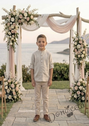 Детски комплект за момче от 2 части-риза с дълъг ръкав в бежово без яка с копчета в бежово и панталон в бежово