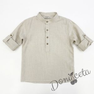 Детски комплект за момче от 2 части-риза с дълъг ръкав в бежово без яка с копчета в бежово и панталон в бежово