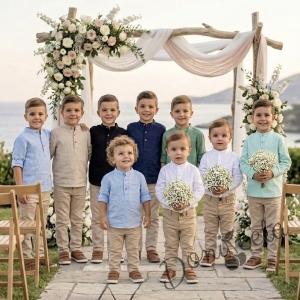 Детски комплект за момче от 2 части-риза с дълъг ръкав в бежово без яка с копчета в бежово и панталон в бежово