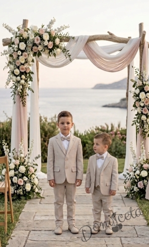 Детски костюм за момче от 5 части в бежово - елегантен панталон, риза, елек, сако и папийонка  от колекция Бежина