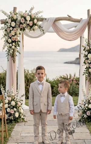 Детски костюм за момче от 5 части в бежово - елегантен панталон, риза, елек, сако и папийонка  от колекция Бежина