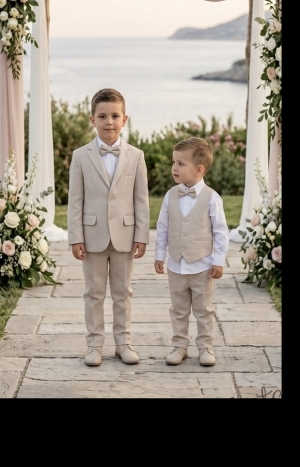 Детски костюм за момче от 5 части в бежово - елегантен панталон, риза, елек, сако и папийонка  от колекция Бежина