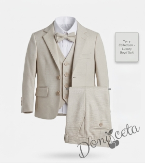 Детски костюм за момче от 5 части в бежово - елегантен панталон, риза, елек, сако и папийонка  от колекция Бежина