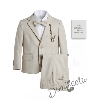 Детски костюм за момче от 5 части в бежово - елегантен панталон, риза, елек, сако и папийонка  от колекция Бежина