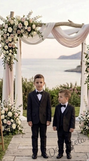 Официален костюм за момче от 5 части в черно със сако и елек