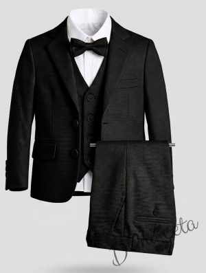 Официален костюм за момче от 5 части в черно със сако и елек