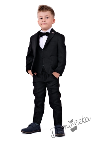 Официален костюм за момче от 5 части в черно със сако и елек