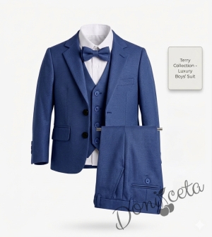 Официален детски костюм за момче от 5 части в кралско синьо - сако, панталон, риза, елек с един ред копчета и папийонка от колекция Кралина